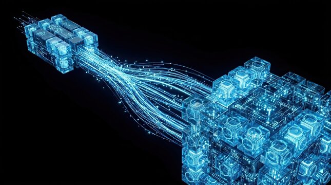 Abstract digital network of glowing blue cubes and light trails representing data flow futuristic technology concept network connection information transfer and data transmission on a black