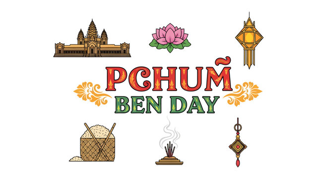 Pchum Ben Day Celebration Icons: A collection of iconic symbols representing the Cambodian Pchum Ben Day festival, including a temple, lotus flower, lantern, rice, incense, and decorative ornament.