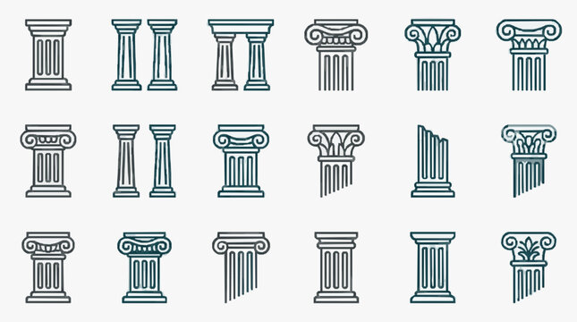 Elegant Collection of Monochromatic Classic Columns and Architectural Pillars in Minimalist Line Art Design