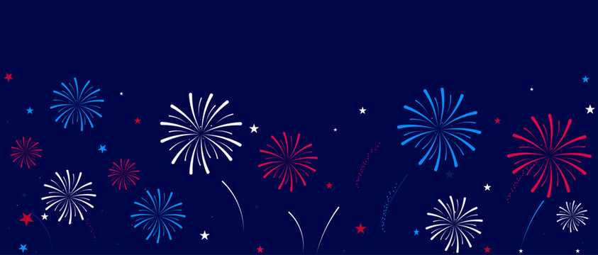 July Fourth fireworks on dark blue background. Horizontal vector banner in flat patriotic style with red and blue firework bursts and stars. Perfect for USA Independence Day celebration.