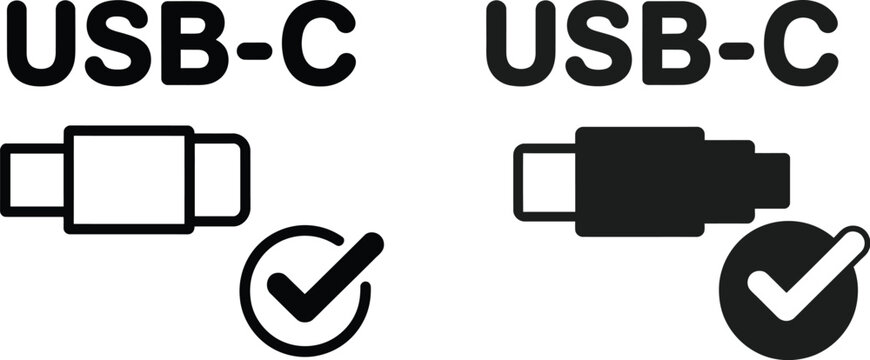 USB C port icon, with check mark, verified connectivity symbol representing compatible device connection and successful interface support.