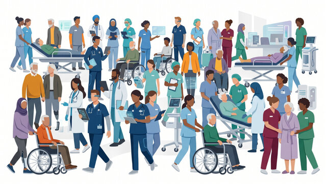 Large Futuristic Diverse Healthcare Community with Doctors, Nurses, Caregivers and Patients, Modern Flat Vector Illustration for Medical Teamwork and Healthcare Network