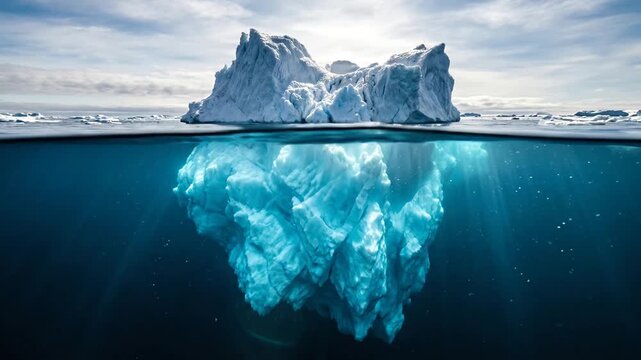 Large iceberg floating in the ocean with an underwater view.