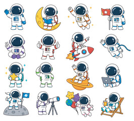 Fototapeta premium Cute cartoon astronaut sticker set Vector, illustration