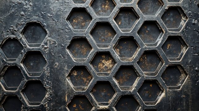Close-up of a dark metallic surface with a hexagonal pattern, showing wear and texture.