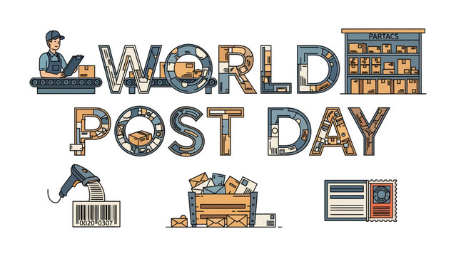 World Post Day Celebration: A vibrant illustration celebrating World Post Day, featuring postal workers, a scanning station, a mail sorting facility, and a variety of mail items.