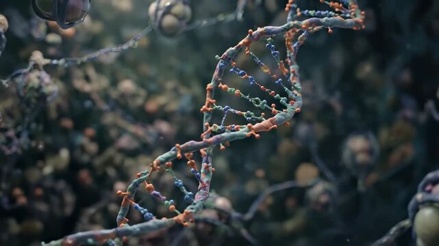 Dna intricate double helix, molecular genetic information rotating, complex biological structure representing organism fundamental instruction, scientific research microscopic environment.