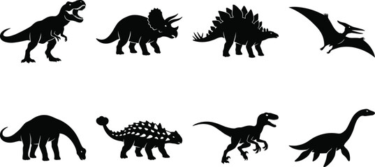 Collection of prehistoric dinosaur silhouettes including t-rex and triceratops isolated on a white background. © Designer Arif