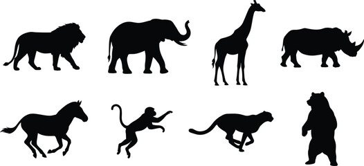 Collection of wild animal black silhouettes including lion, elephant, giraffe, and bear isolated on white background © Designer Arif