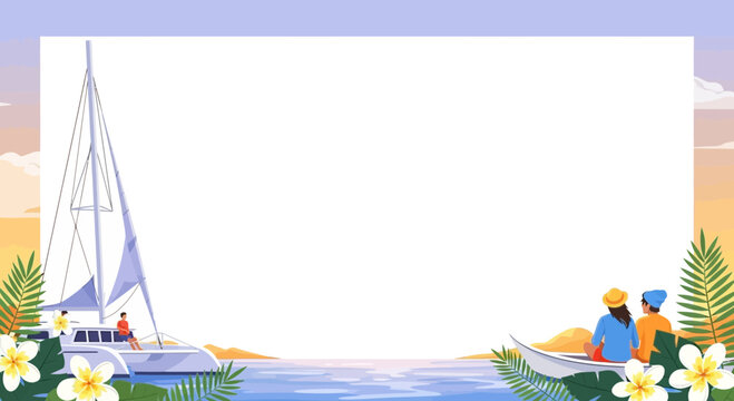Summer sale banner background with catamaran and tropical flowers