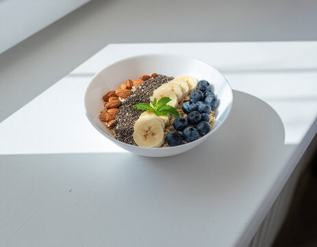 healthy breakfast bowl with oats, fresh fruits, nuts and seeds arranged in a minimalist composition with natural light