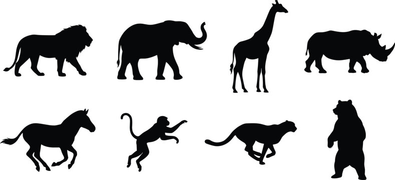 Collection of wild animal black silhouettes including lion, elephant, giraffe, and bear isolated on white background