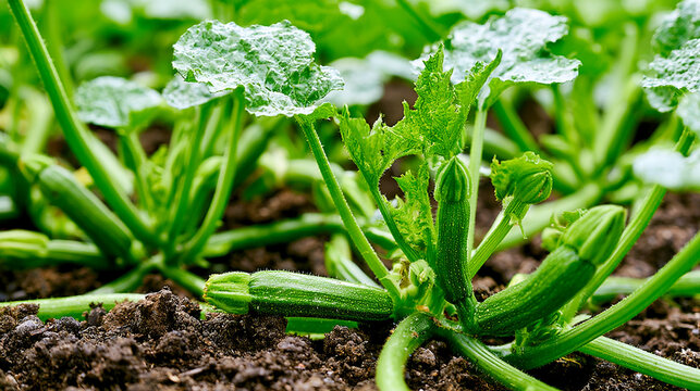 Fresh green zucchini squash lying on rich brown soil in vegetable garden
