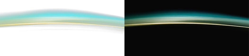 neon arc line trail side by side on white and black background, realistic glowing cyan planet horizon light tracking split screen overlay © Olena