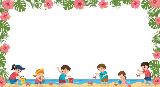 Summer beach frame with happy children catching crabs and flowers