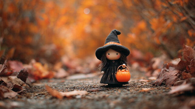 A halloween themed shot featuring a black witch figurine holding an orange pumpkin candy bucket. the figurine is positioned slightly to the right of the frame, facing forward. Ai generated