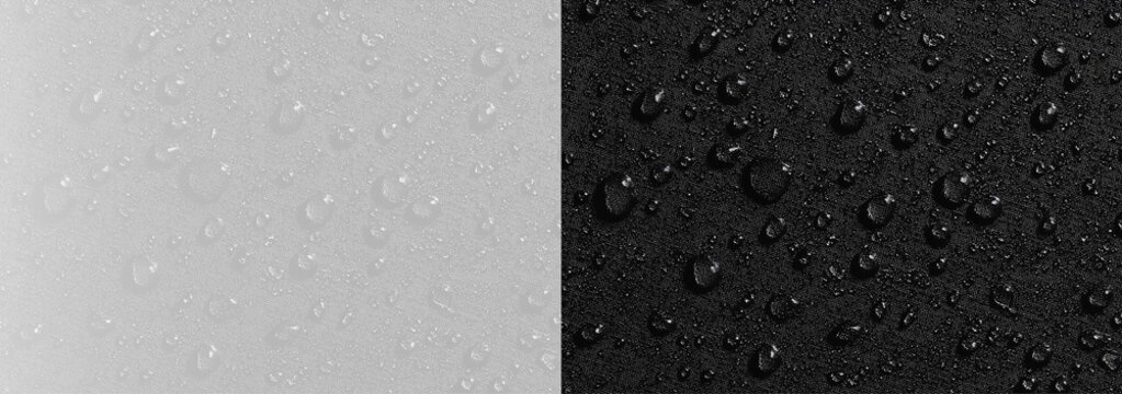 realistic water drops side by side on gray and black background, fresh rain condensation droplets split screen overlay