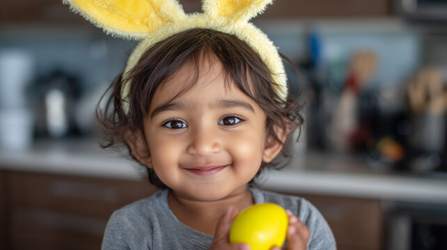 A happy toddler with a bunny ear headband smiles while holding a bright yellow egg. the boy's face is centered in the frame, and he has a fair complexion and dark eyes. Ai generated