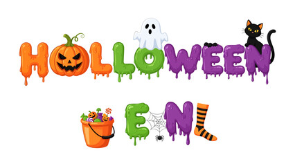 Fototapeta premium Halloween Typographic Art: A playful and spooky typographic design spells out Halloween with decorative elements like a carved pumpkin, melting letters, a ghost, a black cat, a candy bucket.