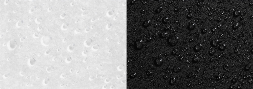 realistic water drops side by side on gray and black background, fresh rain condensation droplets split screen overlay