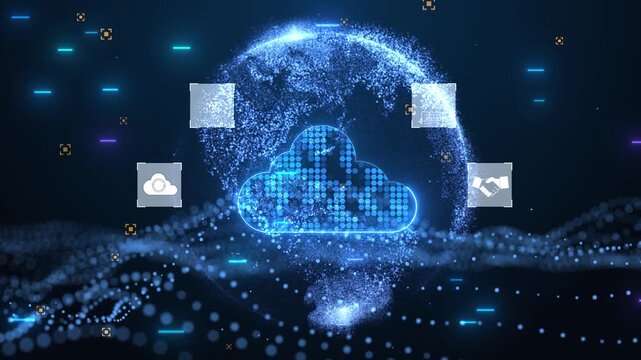 Abstract Futuristic Cloud Computing Technology Background With Glowing Digital Particle Globe Network.