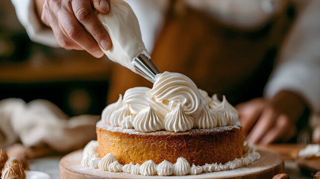 Pastry chef decorating cake with white frosting swirls frosting homemade
