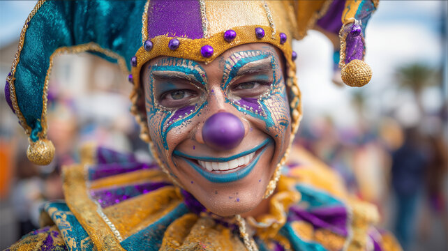 A vibrant detailed portrait of a person in full festive attire, featuring a multi colored jester hat in gold, purple, and teal, adorned with small purple beads. Ai generated