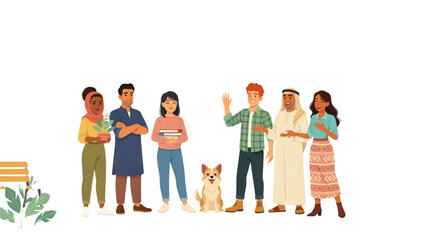 Obraz premium Diverse group of happy people standing together and holding hands in unity Vector