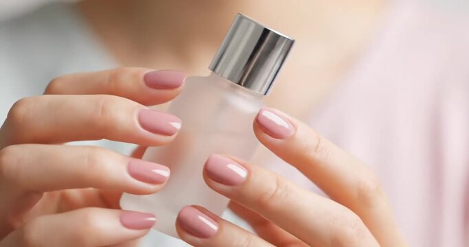 Woman applying pink nail polish carefully.