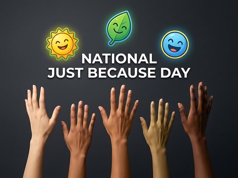Celebrate national just because day with happy emojis and diverse hands raised together in unity