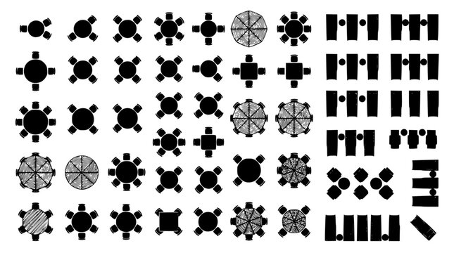 Various vector graphic illustrations of meeting table designs and layouts