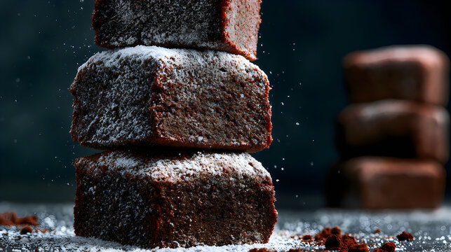 Stack of homemade chocolate brownies dusted with powdered sugar on dark surface