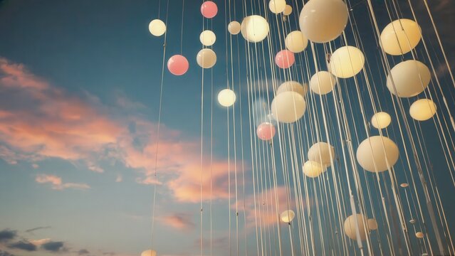 Floating lantern lights against evening sky