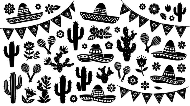 Black and white mexican themed vector graphic illustration with cacti