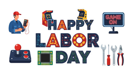Naklejka premium Labor Day Retro Arcade & Tools: A vibrant illustration celebrating Labor Day with a playful mix of retro arcade games, computer components, and essential tools.