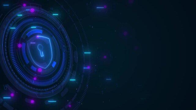 Motion Graphic of a Glowing Cybersecurity shield Icon in a Futuristic HUD Interface with AI Analytics and Machine Learning Technology.