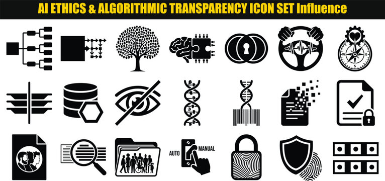 Algorithmic Transparency Concepts A collection of digital pictograms representing data ethics and artificial intelligence machine learning analysis bias moral philosophy