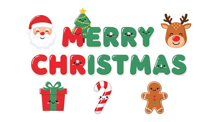 Fototapeta premium Cute Christmas Message: A whimsical and adorable Christmas greeting featuring Santa, a reindeer, a Christmas tree, gifts, candy cane, and gingerbread man with a cheerful, cartoonish style.