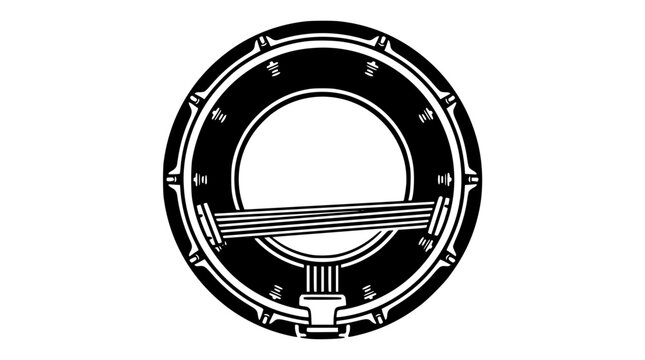 Black and white vector illustration of a banjo in a circle