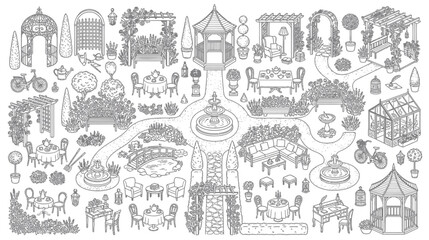 Obraz premium Garden landscape design elements set with top view paths gazebo furniture and plants in line art style
