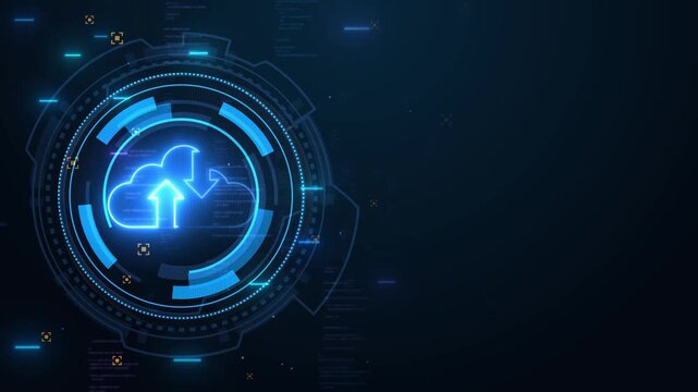 Motion graphic of cloud computing HUD interface with data transfer icon, cybersecurity dashboard rings, and futuristic network analytics for technology.