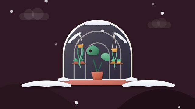 Animated greenhouse with plants inside a glass dome during winter snow