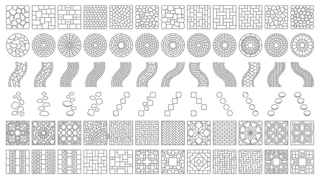 Paving stone patterns and walkway textures collection featuring geometric brick and cobblestone designs for landscape architecture vector illustration