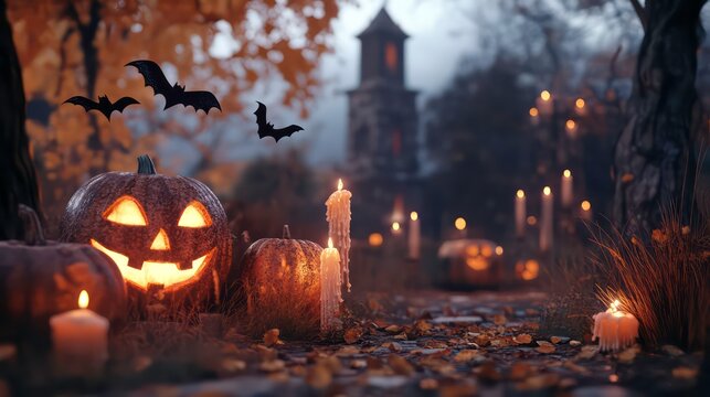 Jack-o'-lanterns and candles illuminate a path leading to a spooky, autumnal castle.