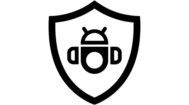A black and white illustration of a shield with an android robot wearing boxing gloves, symbolizing protection and security, on a plain white background, with bold lines and a