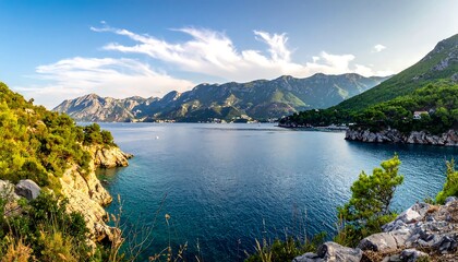 Naklejka premium Vast blue water body surrounded by green lush mountains under bright sky