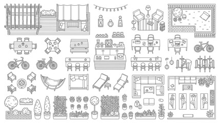 Fototapeta premium Top view furniture and landscape design elements set for architectural floor plans in hand drawn sketch style