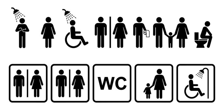 Black and white illustration of various bathroom and toilet signs with people, including accessible and family restrooms, men, women, children, and disabled individuals, on a