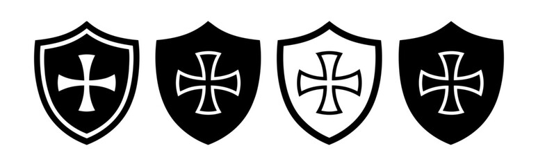 Four black and white shield icons with cross symbols on a white background, featuring various design elements, shapes, and bold lines creating a striking visual composition © Akel