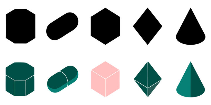 Set of 3D geometric shapes in isometric style with geometric isometric abstract elements cylinder